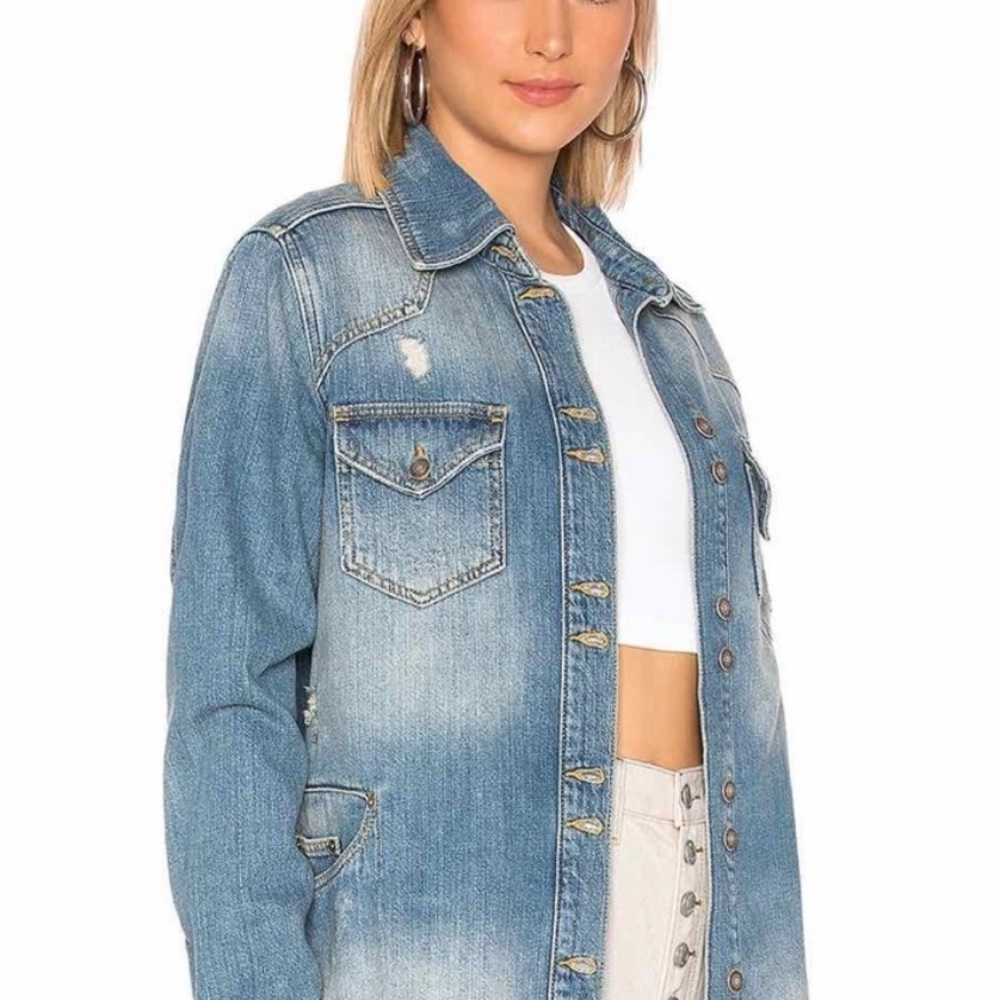 Free People Moonchild Distressed Shirt Jean Jacket